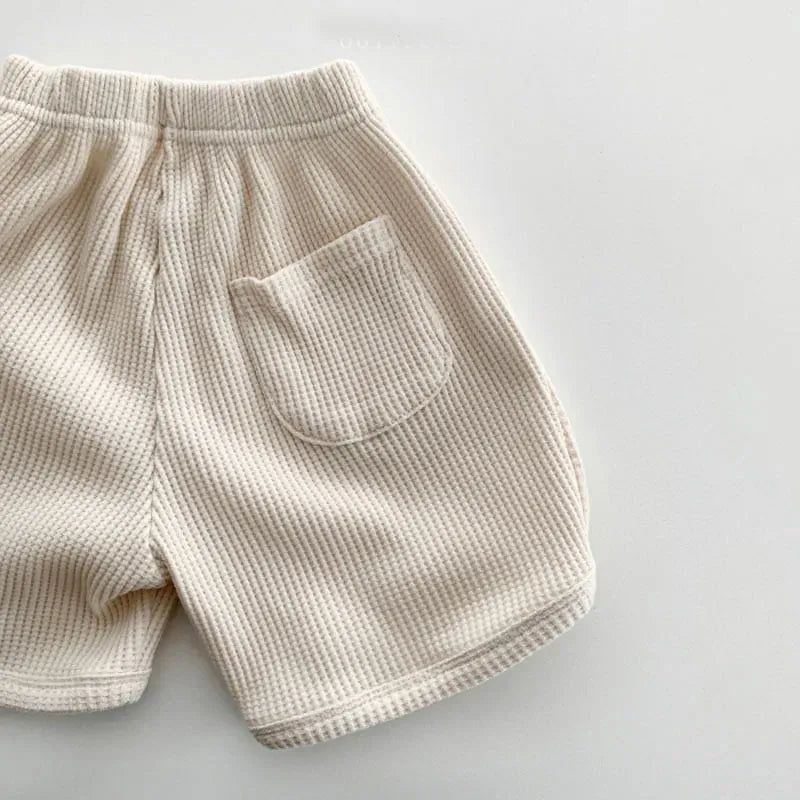 長袖セットアップ ベビーセットアップ 2点セット ワッフル 長袖Tシャツ+ショートパンツ ベアくまプリント 2カラー