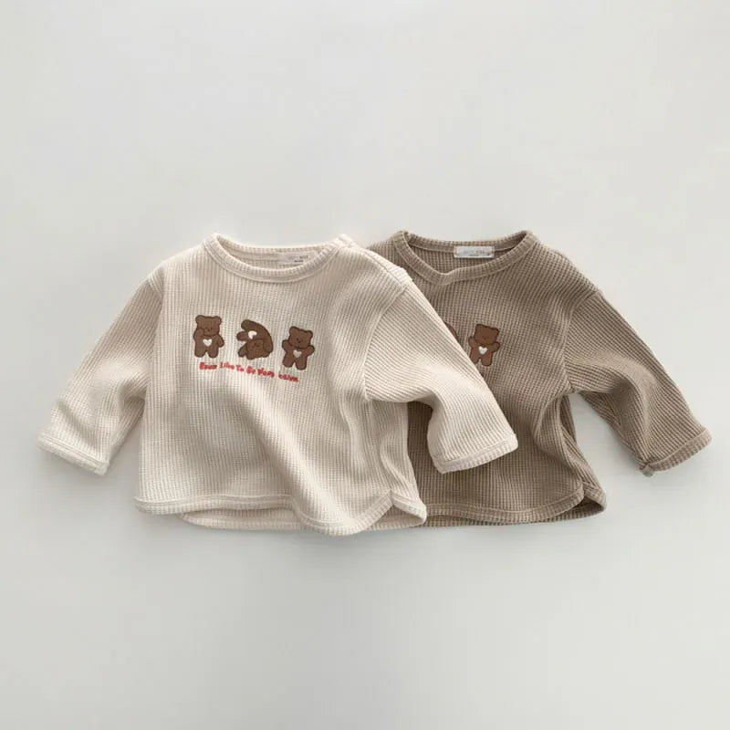 長袖セットアップ ベビーセットアップ 2点セット ワッフル 長袖Tシャツ+ショートパンツ ベアくまプリント 2カラー