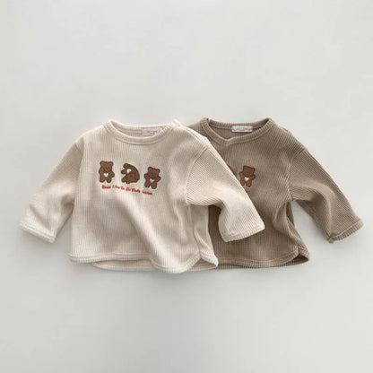 長袖セットアップ ベビーセットアップ 2点セット ワッフル 長袖Tシャツ+ショートパンツ ベアくまプリント 2カラー