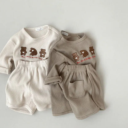 長袖セットアップ ベビーセットアップ 2点セット ワッフル 長袖Tシャツ+ショートパンツ ベアくまプリント 2カラー