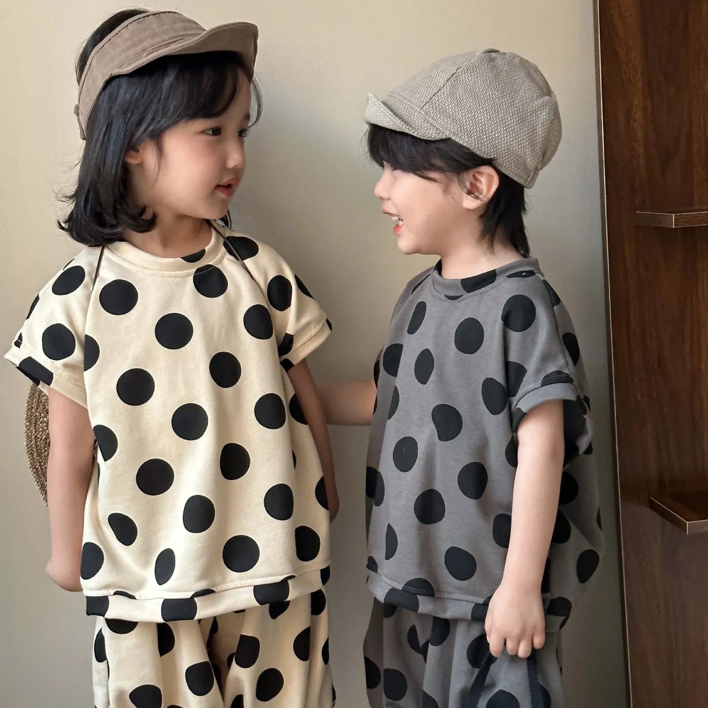 半袖セットアップ キッズセットアップ 2点セット 半袖Tシャツ+バルーンショートパンツ 水玉ポルカドットプリント 2カラー