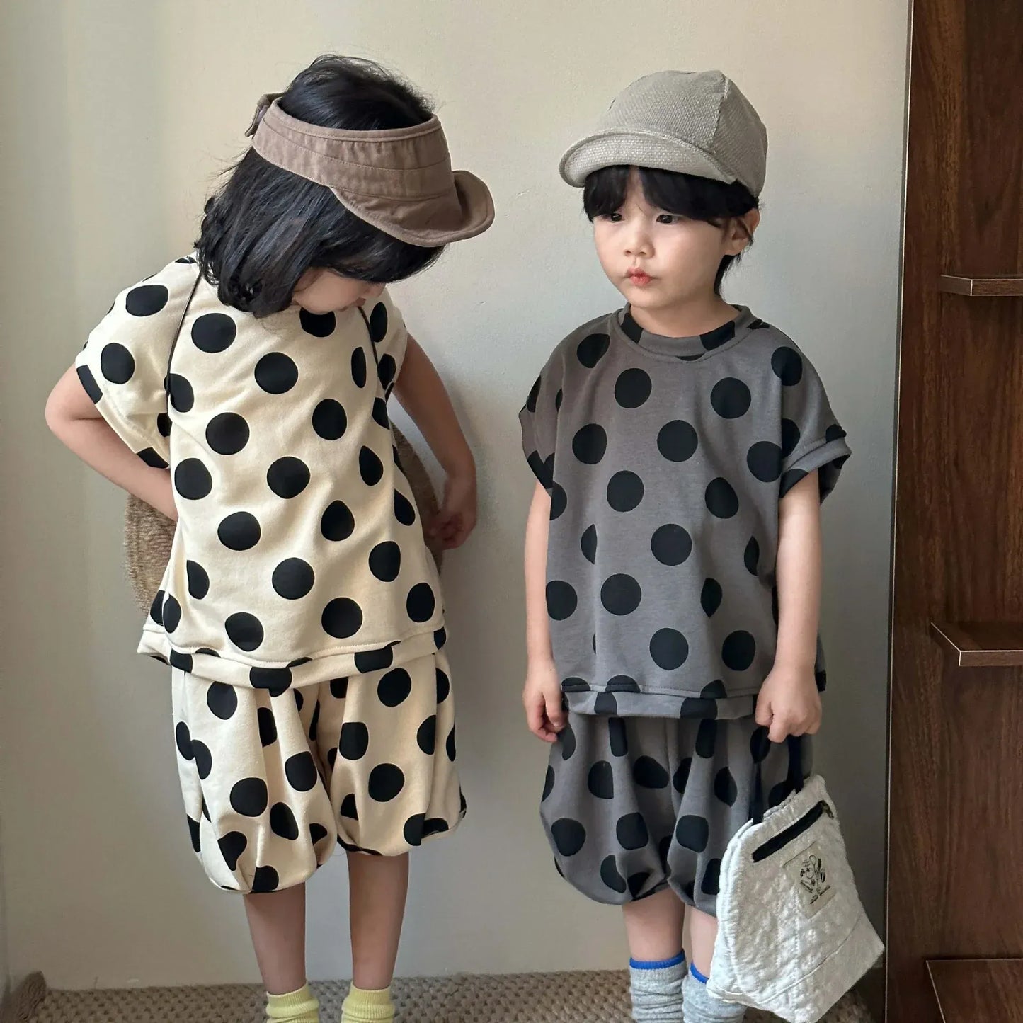半袖セットアップ キッズセットアップ 2点セット 半袖Tシャツ+バルーンショートパンツ 水玉ポルカドットプリント 2カラー