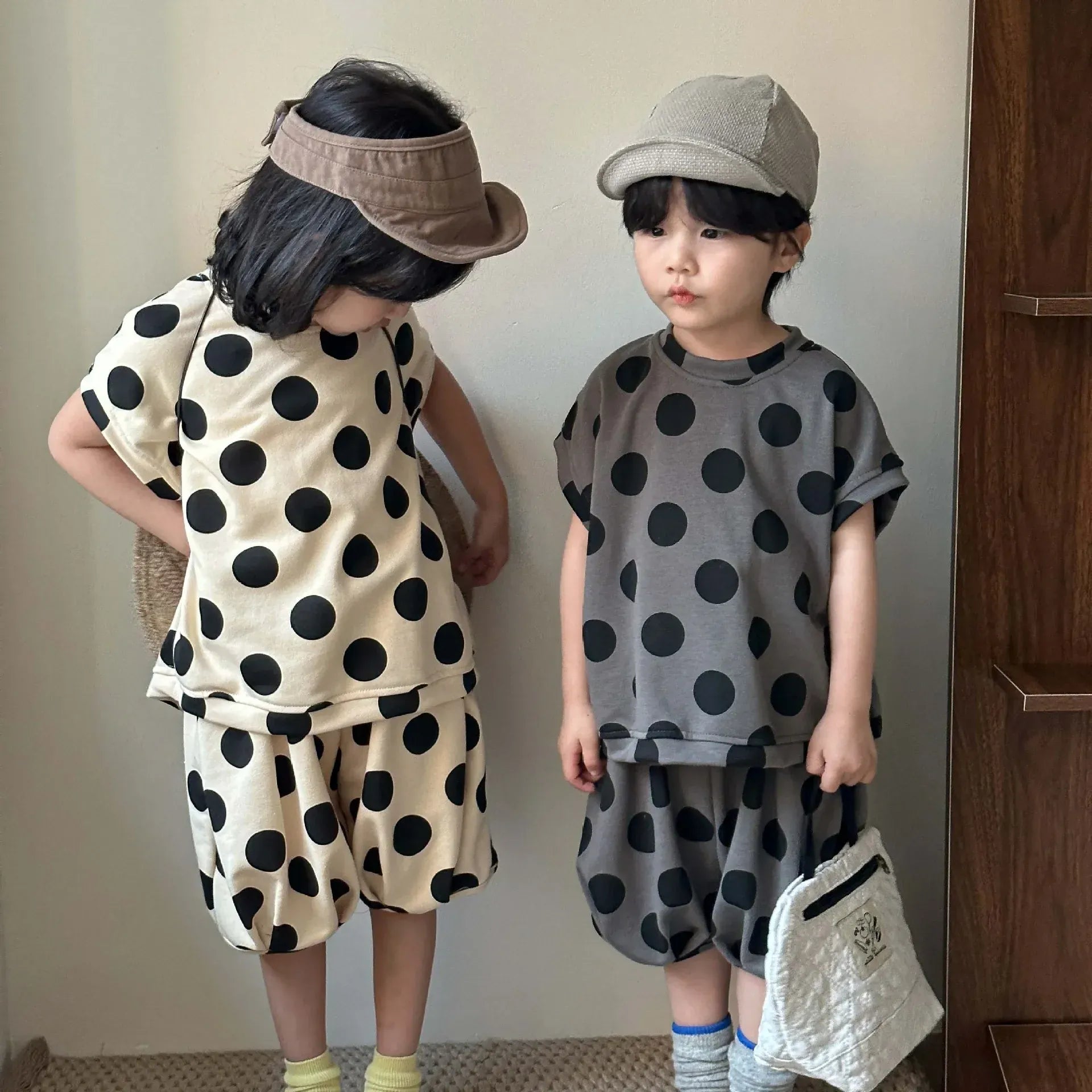 半袖セットアップ キッズセットアップ 2点セット 半袖Tシャツ+バルーンショートパンツ 水玉ポルカドットプリント 2カラー