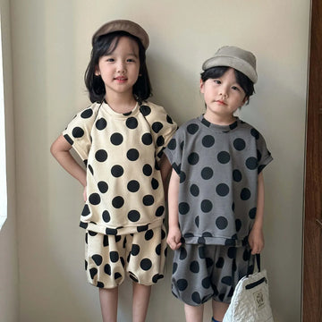 半袖セットアップ キッズセットアップ 2点セット 半袖Tシャツ+バルーンショートパンツ 水玉ポルカドットプリント 2カラー