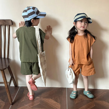 半袖セットアップ キッズセットアップ 2点セット ショートスリーブTシャツ+ショートパンツ 2カラー