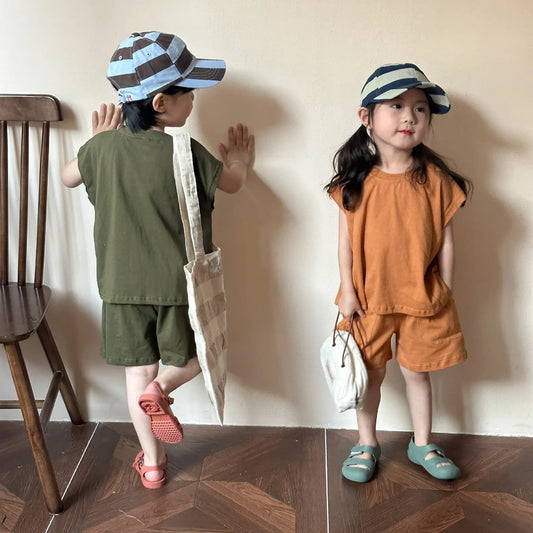 半袖セットアップ キッズセットアップ 2点セット ショートスリーブTシャツ+ショートパンツ 2カラー