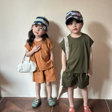 半袖セットアップ キッズセットアップ 2点セット ショートスリーブTシャツ+ショートパンツ 2カラー