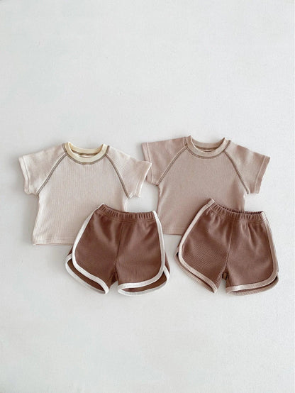 半袖セットアップ ☺︎ ベビーセットアップ 2点セット ワッフル 半袖Tシャツ+ショートパンツ シンプルベーシック 2カラー