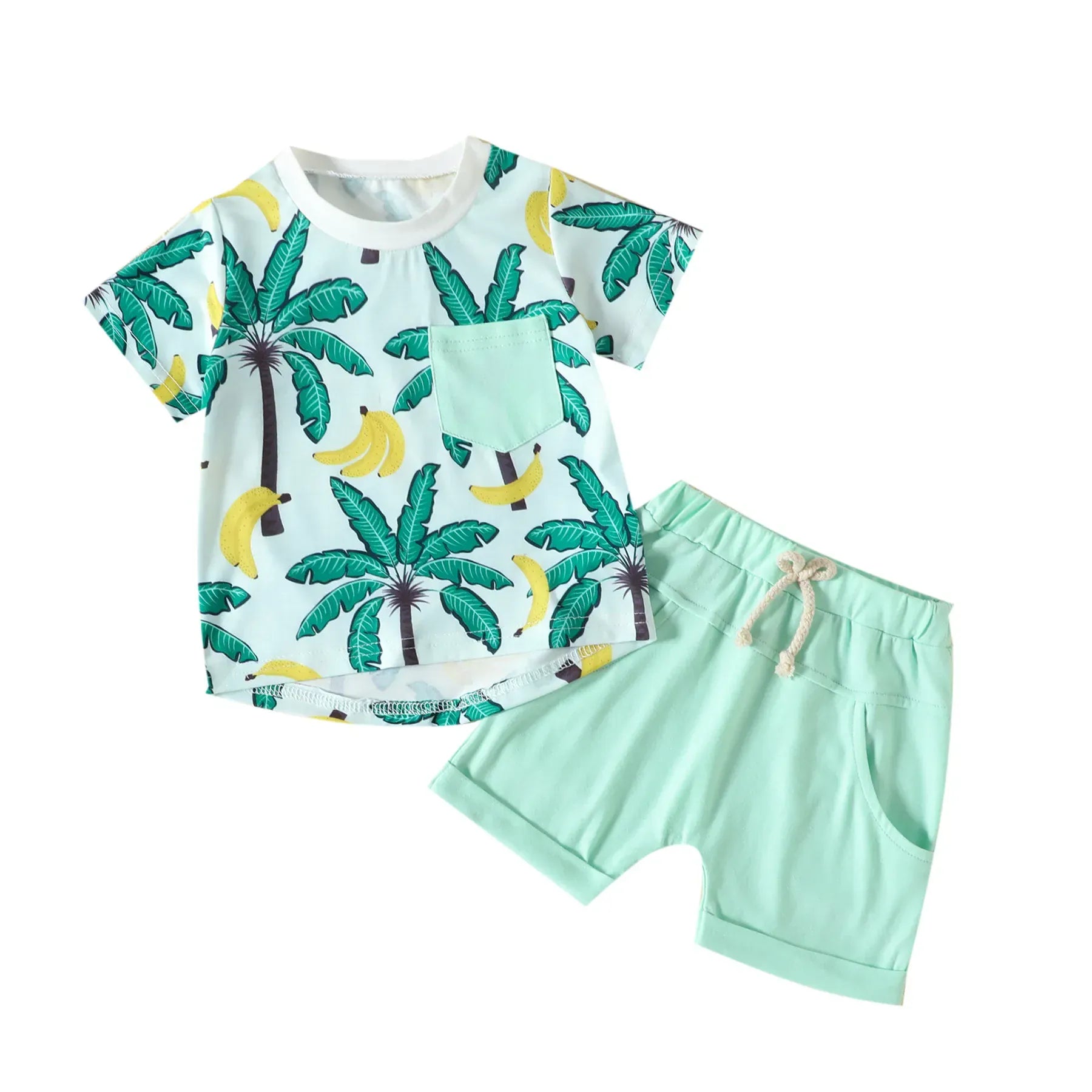 半袖セットアップ キッズセットアップ 2点セット 半袖Tシャツ+ショートパンツ リゾートスタイル ヤシの木プリント ブルー/グリーン/2カラー