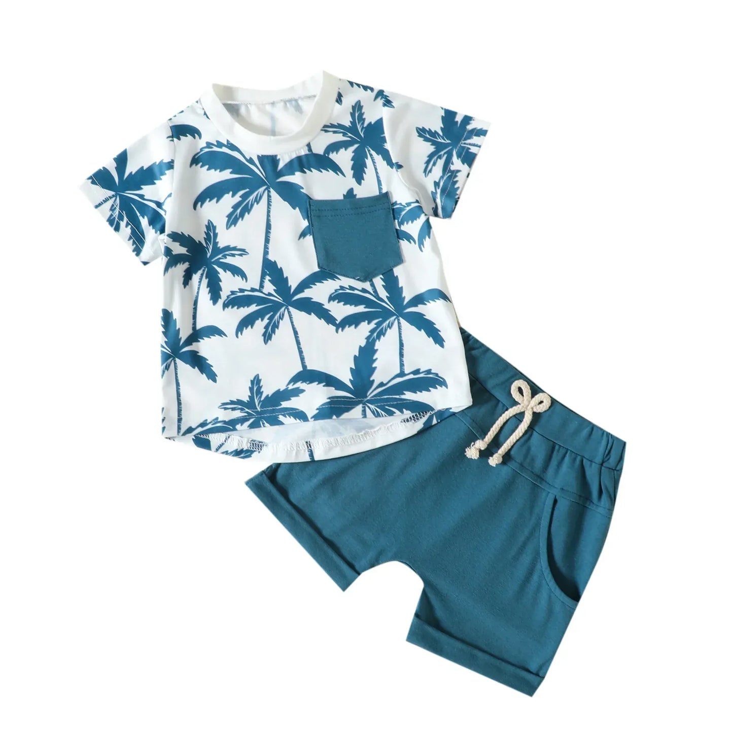 半袖セットアップ キッズセットアップ 2点セット 半袖Tシャツ+ショートパンツ リゾートスタイル ヤシの木プリント ブルー/グリーン/2カラー
