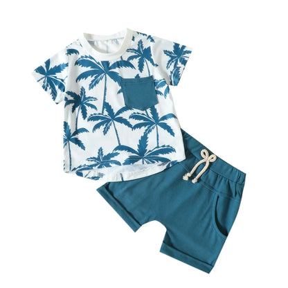半袖セットアップ キッズセットアップ 2点セット 半袖Tシャツ+ショートパンツ リゾートスタイル ヤシの木プリント ブルー/グリーン/2カラー
