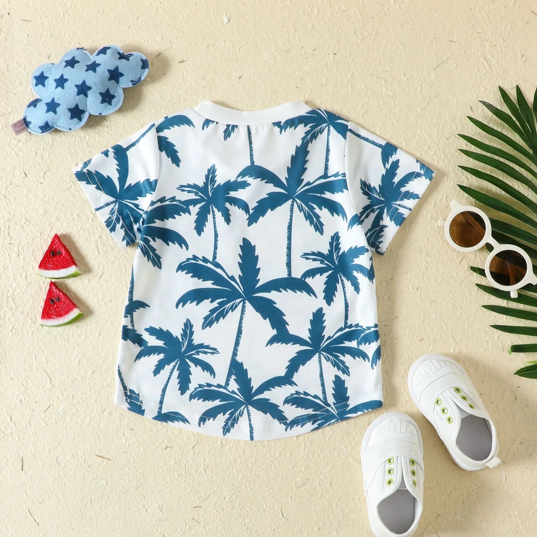 半袖セットアップ キッズセットアップ 2点セット 半袖Tシャツ+ショートパンツ リゾートスタイル ヤシの木プリント ブルー/グリーン/2カラー