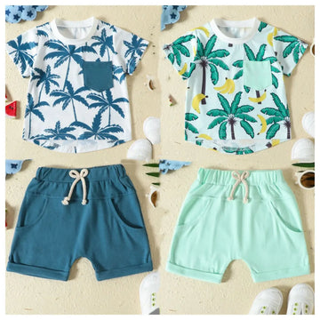 半袖セットアップ キッズセットアップ 2点セット 半袖Tシャツ+ショートパンツ リゾートスタイル ヤシの木プリント ブルー/グリーン/2カラー