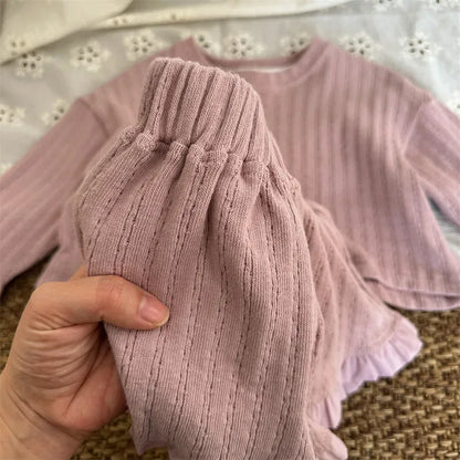 長袖セットアップ キッズセットアップ 2点セット 長袖Tシャツ ショートパンツ ラッフルフリル ライトパープル/ベージュ/2カラー
