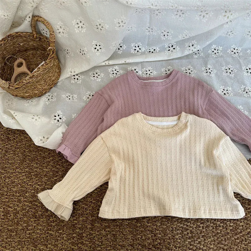 長袖セットアップ キッズセットアップ 2点セット 長袖Tシャツ ショートパンツ ラッフルフリル ライトパープル/ベージュ/2カラー