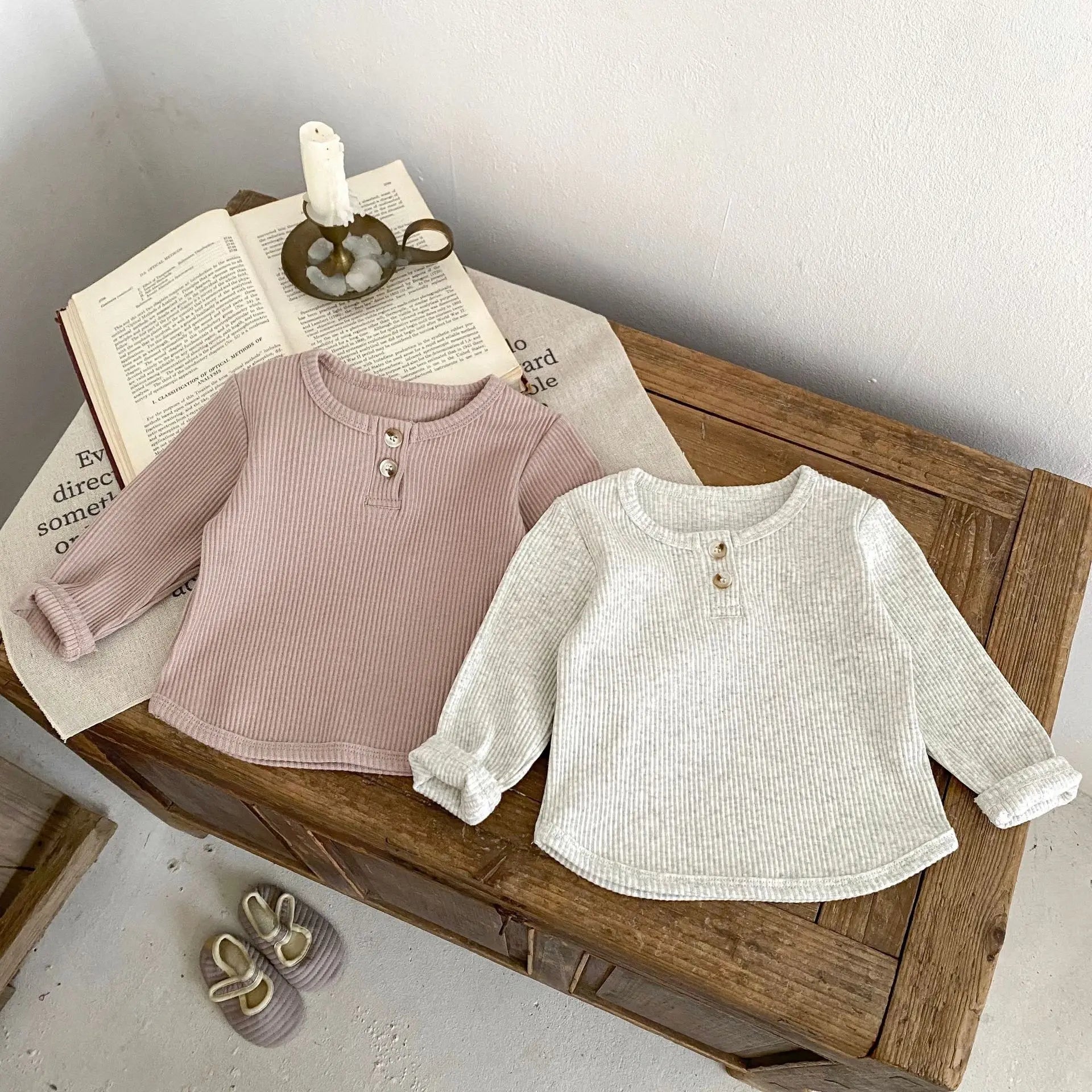長袖セットアップ ベビーセットアップ 2点セット 長袖リブヘンリーネックTシャツ ブルマパンツ シンプルベーシック ダークピンク グレー 2カラー