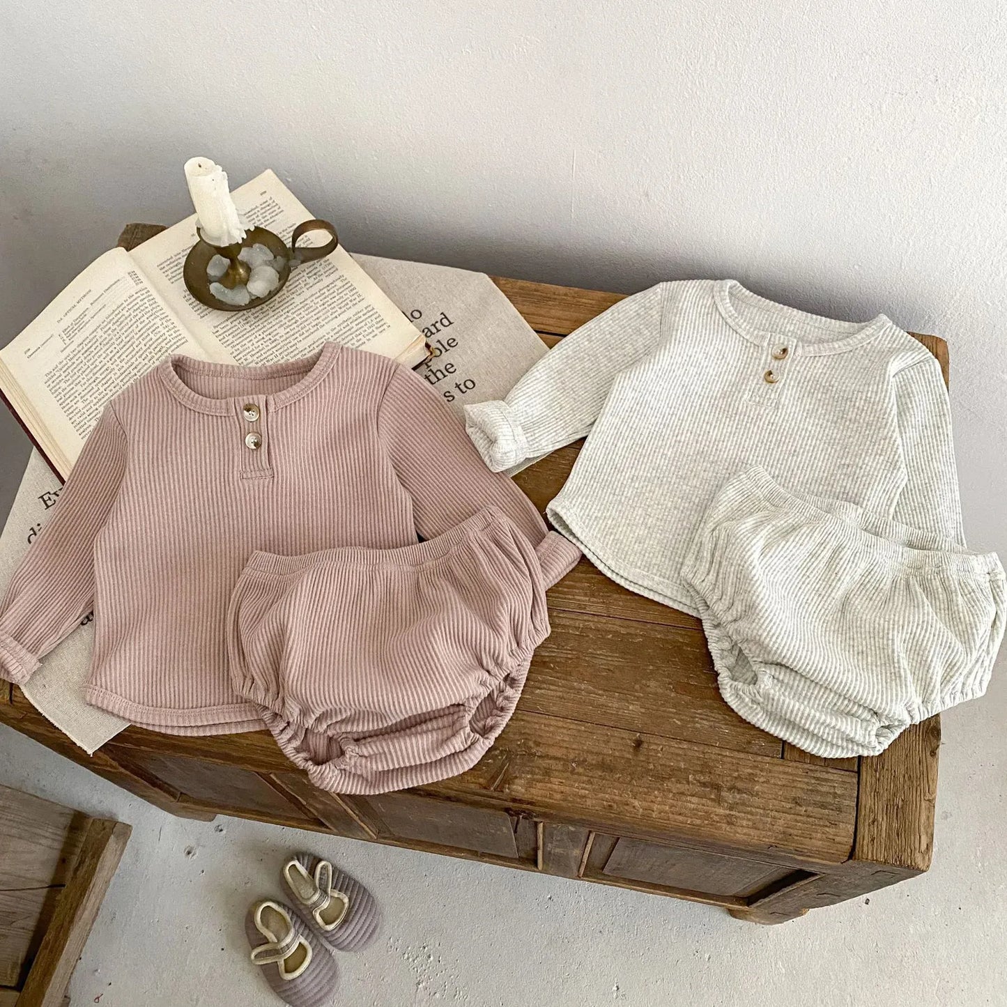 長袖セットアップ ベビーセットアップ 2点セット 長袖リブヘンリーネックTシャツ ブルマパンツ シンプルベーシック ダークピンク グレー 2カラー