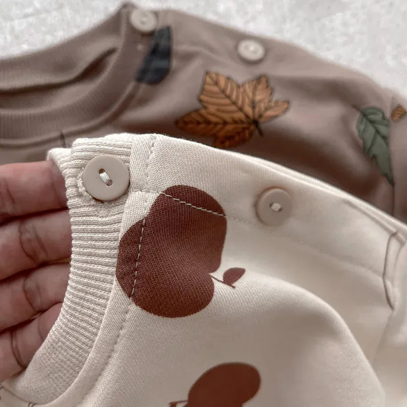 長袖セットアップ ベビーセットアップ 2点セット 長袖Tシャツ ロングパンツ リーフ アップルプリント ベージュ コーヒー 2カラー ユニセックス 男の子 女の子 子供服