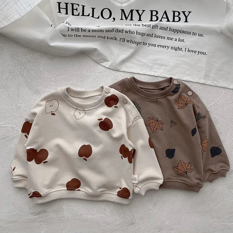 長袖セットアップ ベビーセットアップ 2点セット 長袖Tシャツ ロングパンツ リーフ アップルプリント ベージュ コーヒー 2カラー ユニセックス 男の子 女の子 子供服