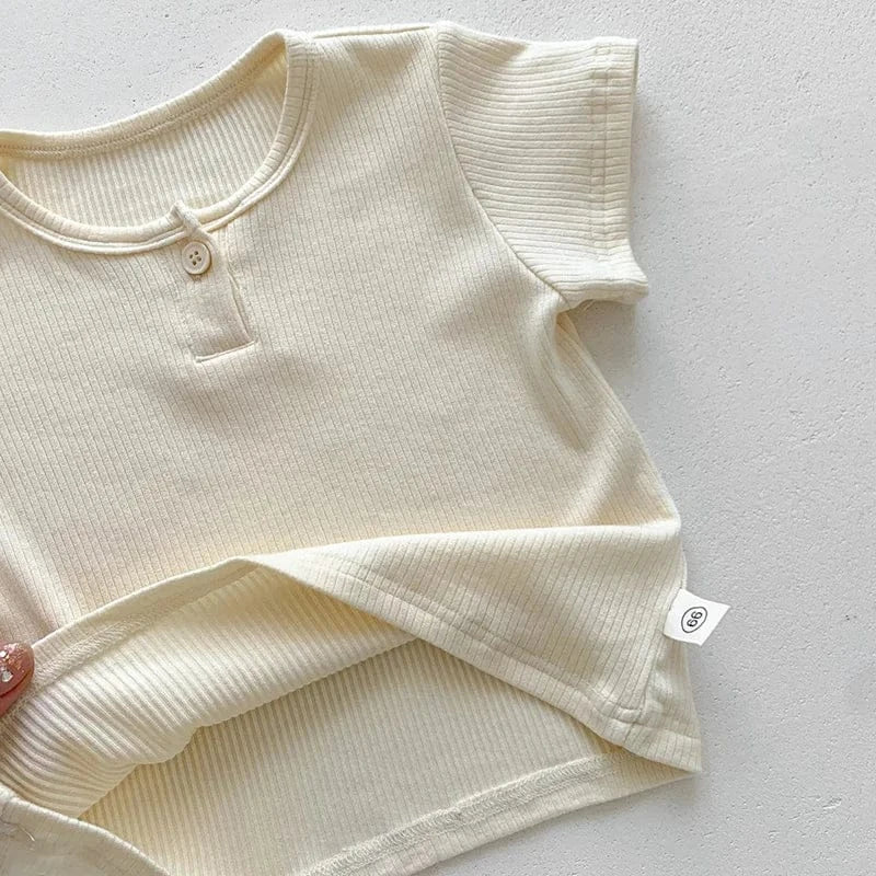 ロンパースセットアップ ベビーセットアップ 2点セット 半袖Tシャツ+サスペンダーロンパース オーバーオール ベアくまワッペン 2カラー【mh0004491】