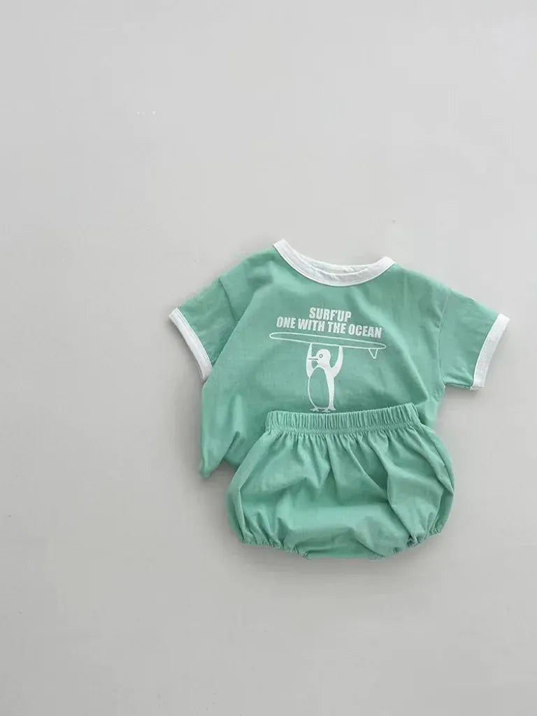 半袖セットアップ ベビーセットアップ 2点セット 半袖Tシャツ+ブルマパンツ ペンギンサーファー 2カラー【mh0004983】