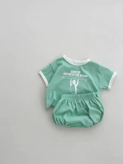 半袖セットアップ ベビーセットアップ 2点セット 半袖Tシャツ+ブルマパンツ ペンギンサーファー 2カラー【mh0004983】
