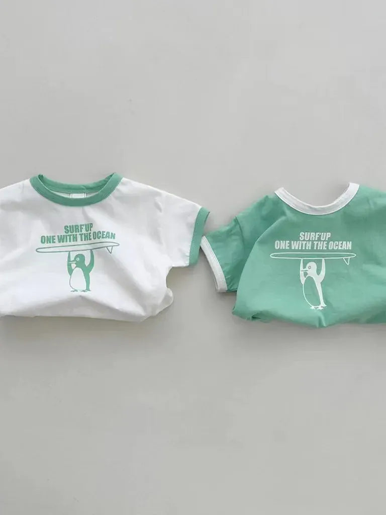 半袖セットアップ ベビーセットアップ 2点セット 半袖Tシャツ+ブルマパンツ ペンギンサーファー 2カラー【mh0004983】