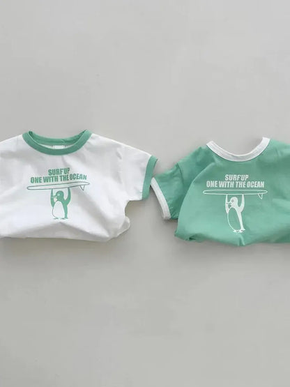 半袖セットアップ ベビーセットアップ 2点セット 半袖Tシャツ+ブルマパンツ ペンギンサーファー 2カラー【mh0004983】