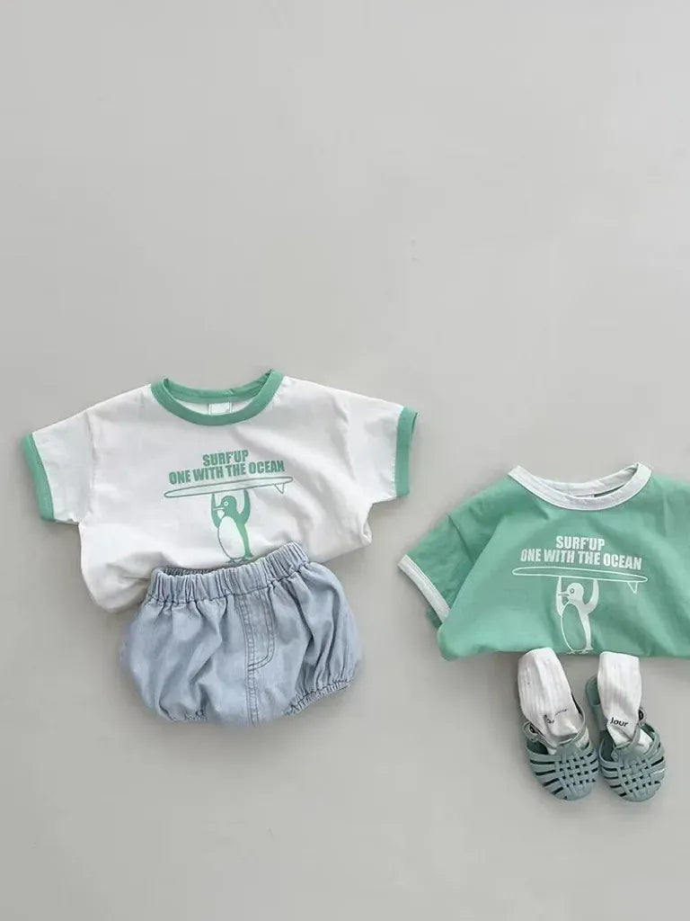 半袖セットアップ ベビーセットアップ 2点セット 半袖Tシャツ+ブルマパンツ ペンギンサーファー 2カラー【mh0004983】