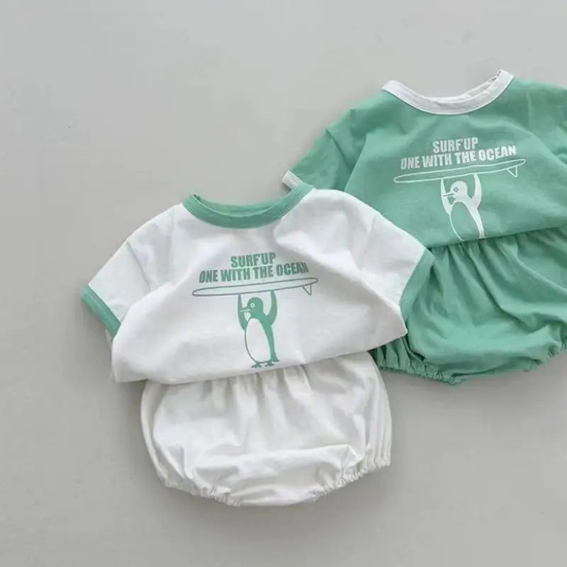 半袖セットアップ ベビーセットアップ 2点セット 半袖Tシャツ+ブルマパンツ ペンギンサーファー 2カラー【mh0004983】