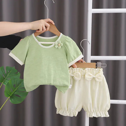 半袖セットアップ キッズセットアップ 2点セット 半袖Tシャツ+バルーンショートパンツ リボン フラワー 2カラー【mh0005488】