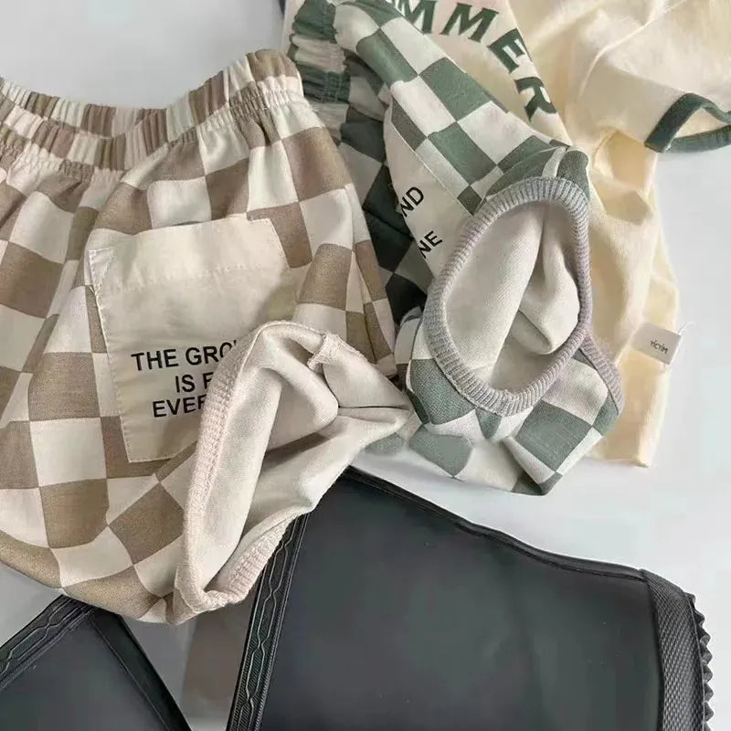 半袖セットアップ ベビーセットアップ 2点セット 半袖プリントTシャツ+チェックパンツ 2カラー【mh0005783】