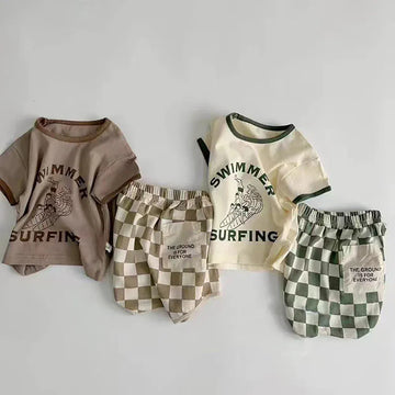 半袖セットアップ ベビーセットアップ 2点セット 半袖プリントTシャツ+チェックパンツ 2カラー【mh0005783】