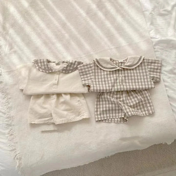 半袖セットアップ ベビーセットアップ 2点セット セーラーカラー半袖Tシャツ+ショートパンツ 無地/チェック 2カラー【mh0005786】