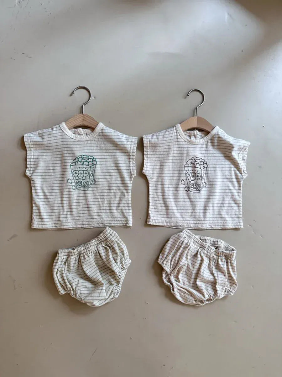 半袖セットアップ ベビーセットアップ 2点セット 半袖Tシャツ+ブルマパンツ ボーダー ポップコーンプリント 2カラー【mh0005940】