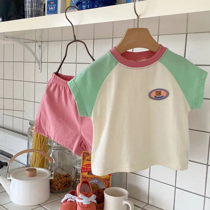 半袖セットアップ ベビーセットアップ 2点セット パッチワーク 半袖Tシャツ+ショートパンツ 2カラー【mh0005945】