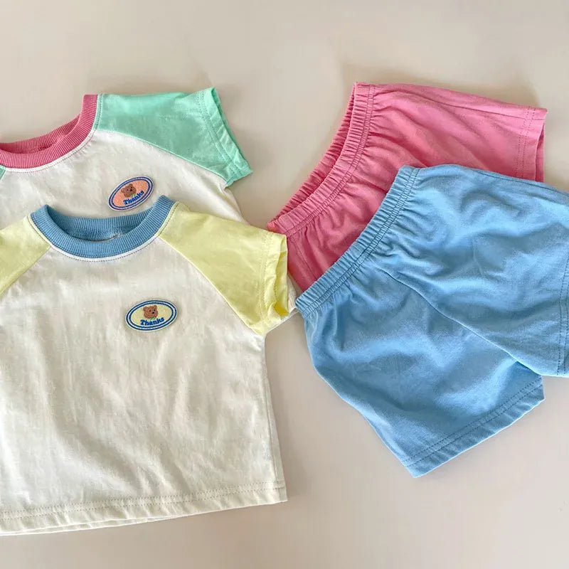 半袖セットアップ ベビーセットアップ 2点セット パッチワーク 半袖Tシャツ+ショートパンツ 2カラー【mh0005945】