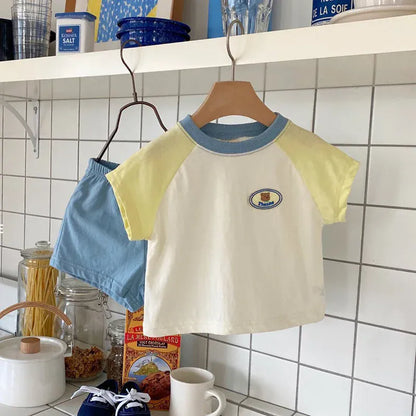 半袖セットアップ ベビーセットアップ 2点セット パッチワーク 半袖Tシャツ+ショートパンツ 2カラー【mh0005945】