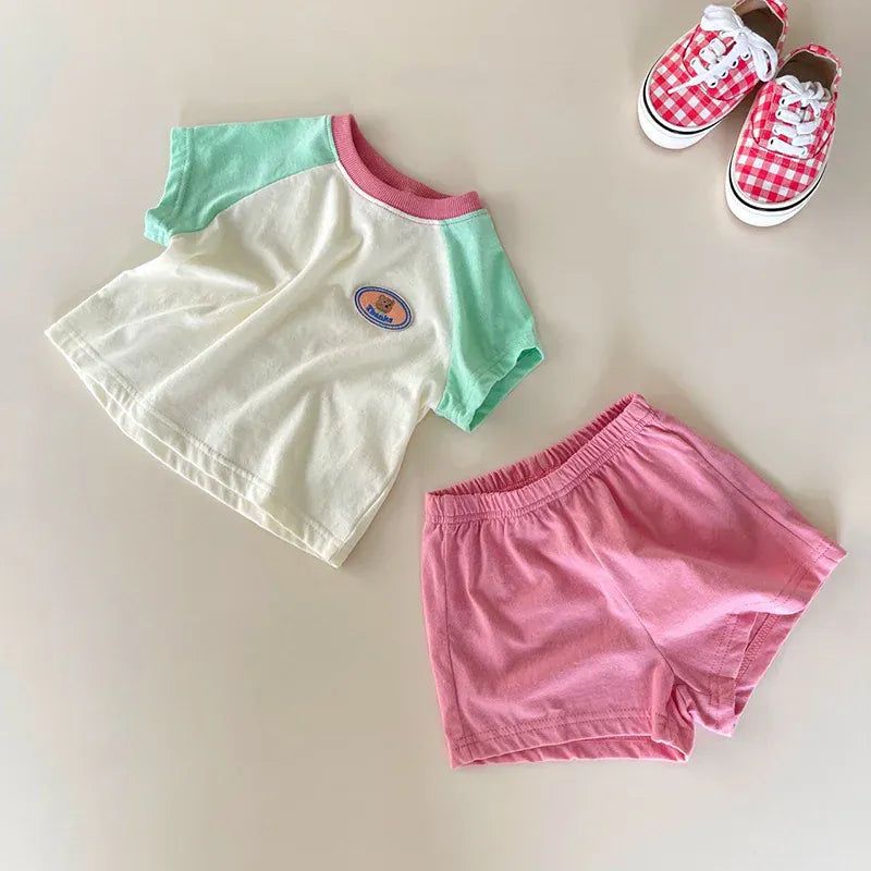 半袖セットアップ ベビーセットアップ 2点セット パッチワーク 半袖Tシャツ+ショートパンツ 2カラー【mh0005945】