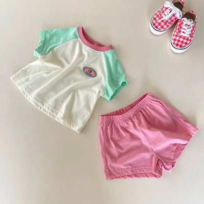 半袖セットアップ ベビーセットアップ 2点セット パッチワーク 半袖Tシャツ+ショートパンツ 2カラー【mh0005945】