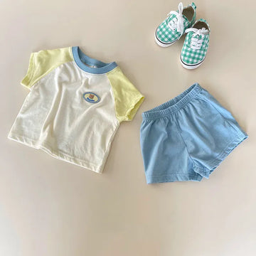 半袖セットアップ ベビーセットアップ 2点セット パッチワーク 半袖Tシャツ+ショートパンツ 2カラー【mh0005945】