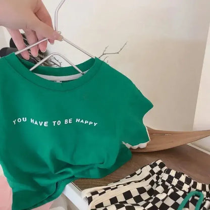 半袖セットアップ キッズセットアップ 2点セット 半袖ロゴプリントTシャツ+チェッカーチェックショートパンツ 2カラー【mh0006085】