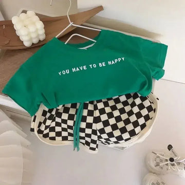 半袖セットアップ キッズセットアップ 2点セット 半袖ロゴプリントTシャツ+チェッカーチェックショートパンツ 2カラー【mh0006085】