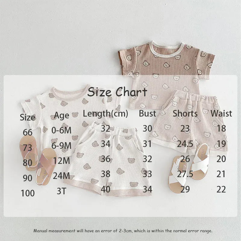 半袖セットアップ ベビーセットアップ 2点セット ワッフル 半袖Tシャツ+ショートパンツ ベアくまプリント 2カラー【mh0006168】