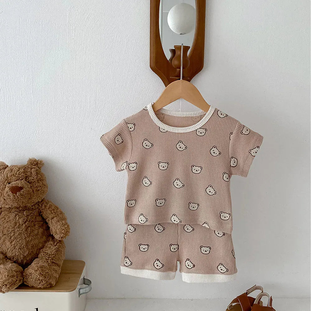 半袖セットアップ ベビーセットアップ 2点セット ワッフル 半袖Tシャツ+ショートパンツ ベアくまプリント 2カラー【mh0006168】