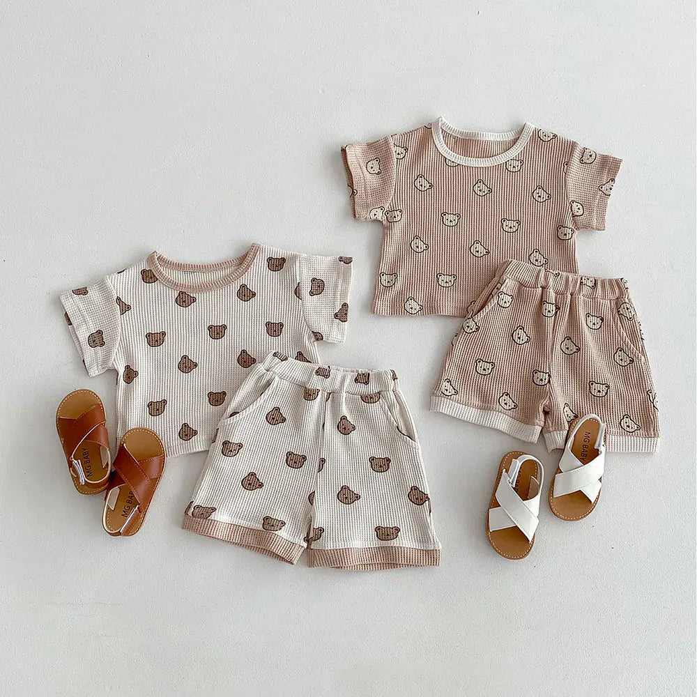 半袖セットアップ ベビーセットアップ 2点セット ワッフル 半袖Tシャツ+ショートパンツ ベアくまプリント 2カラー【mh0006168】