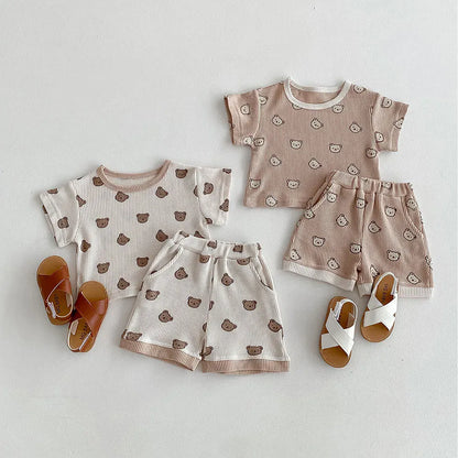 半袖セットアップ ベビーセットアップ 2点セット ワッフル 半袖Tシャツ+ショートパンツ ベアくまプリント 2カラー【mh0006168】