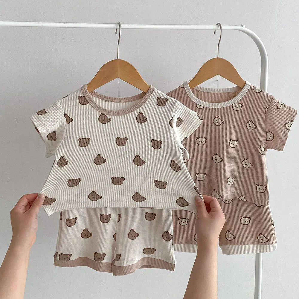半袖セットアップ ベビーセットアップ 2点セット ワッフル 半袖Tシャツ+ショートパンツ ベアくまプリント 2カラー【mh0006168】