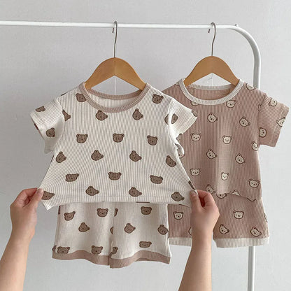 半袖セットアップ ベビーセットアップ 2点セット ワッフル 半袖Tシャツ+ショートパンツ ベアくまプリント 2カラー【mh0006168】