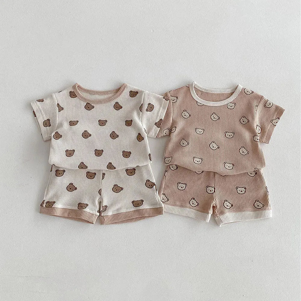 半袖セットアップ ベビーセットアップ 2点セット ワッフル 半袖Tシャツ+ショートパンツ ベアくまプリント 2カラー【mh0006168】